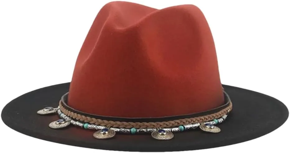 Women Fedoras Hats Mens Casual Gradient Color Cap Band Patchwork Panama Wide Brim Hat Caramel 56-58cm